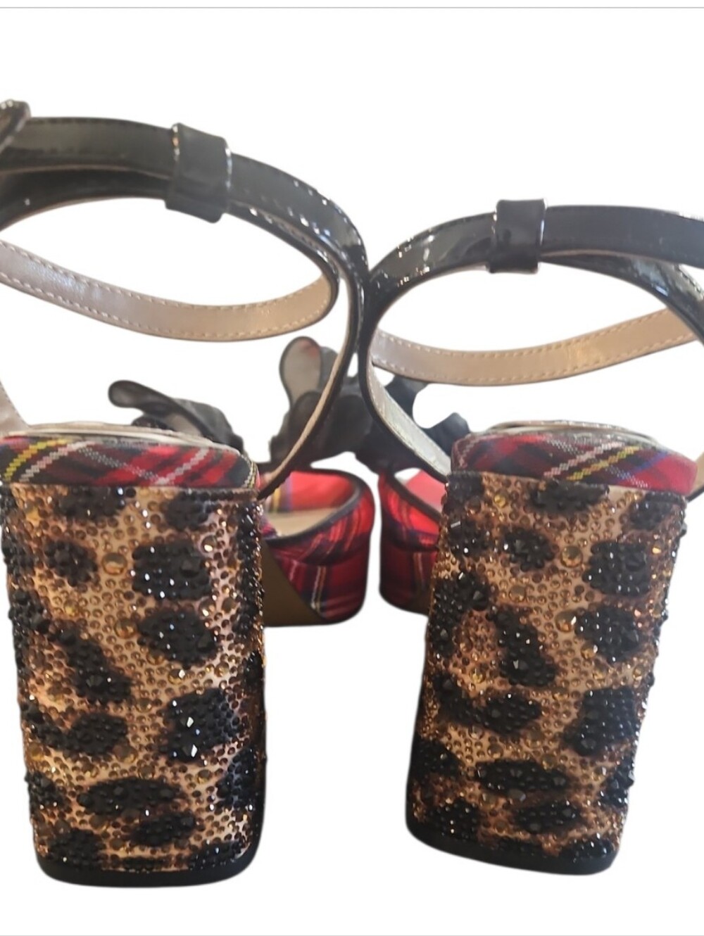 Betsey Johnson Palloma Red Plaid Platform Bow Dress Sandals Sz 9 Leopard Heel - Picture 9 of 12